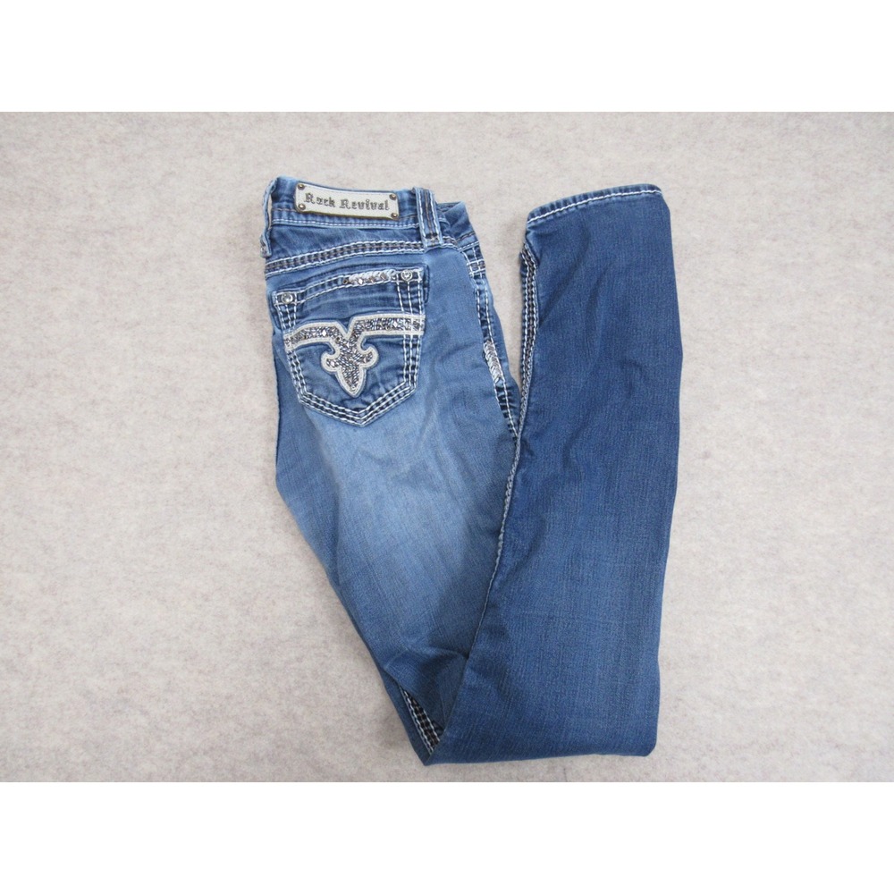 Rock Revival Chile ES Easy Skinny Jeans Blue Embellished Fleur De Lis Size 28